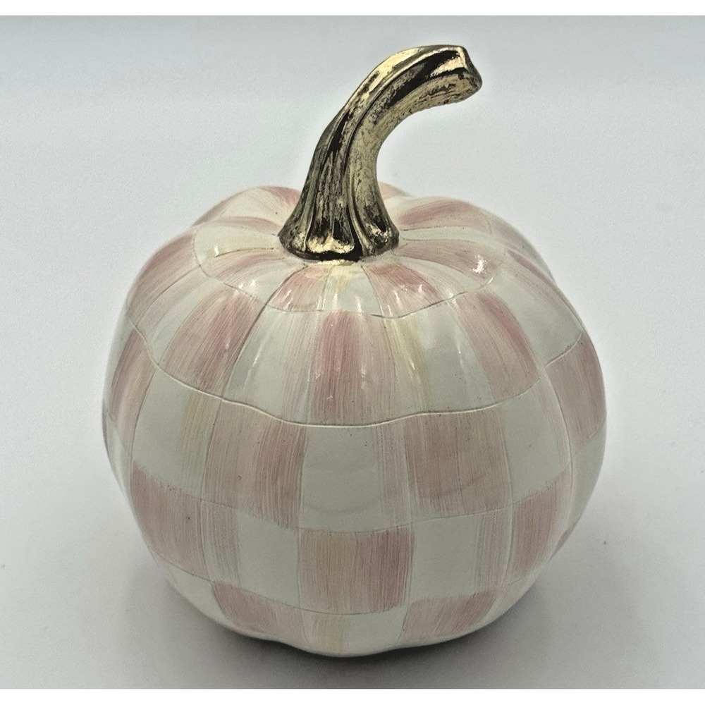 NEW MacKenzie-Childs Rosy Check Mini Gold Stem Pumpkin Fall Harvest Decor NIB